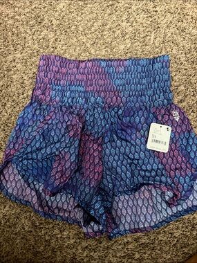 FP Movement by Free People High-Waist Purple and Blue Patterned Shorts
